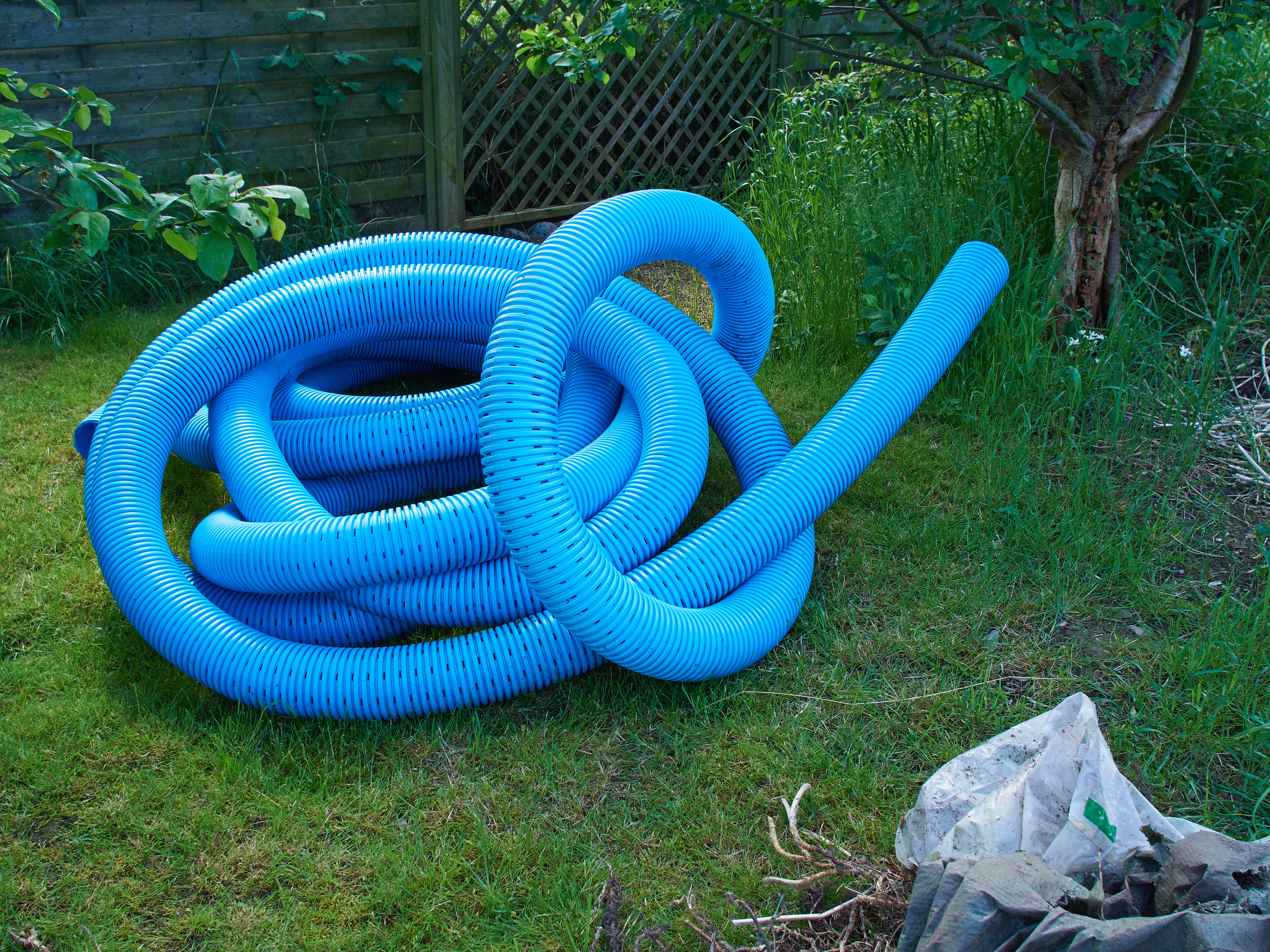 Garden drain pipe made of plastic before installation  